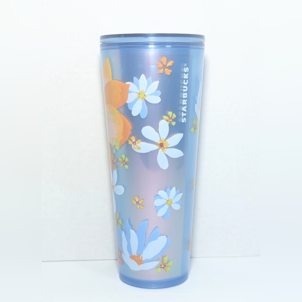 Starbucks 2024 Mother's Day Tumbler Cold Cup 24oz Light Blue White Orange Floral